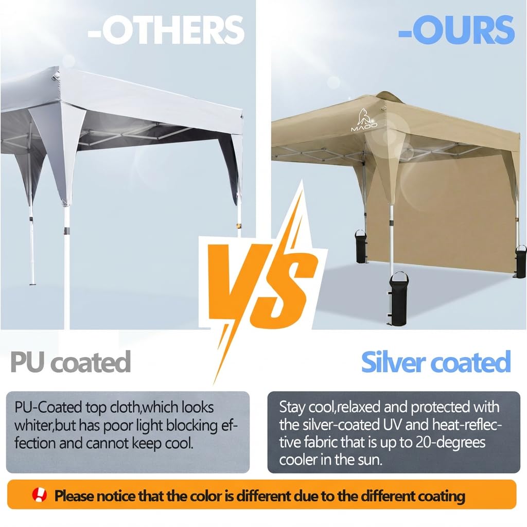 MAOO 10x10 Pop Up Canopy Tent with Sidewall, Easy Setup Instant Outdoor Canopy, 210D Silver Coated Waterproof UPF 50+ Sun Shade Shelter, Heavy Duty Steel Frame, Roller Bag, Khaki