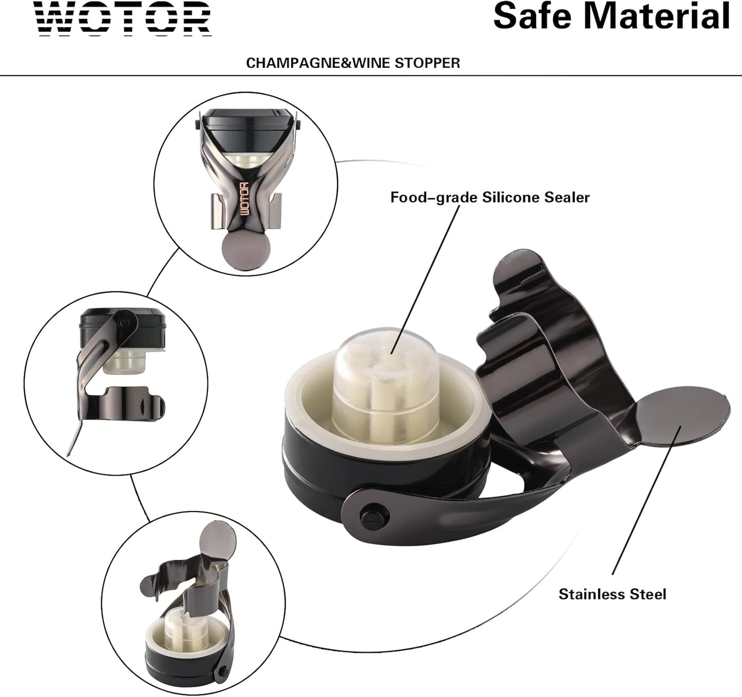 WOTOR Champagne&Wine Bottle Stoppers Stainless Steel with Food Grade Silicone, Leak Proof Keep Fresh Reusable Saver, Cork Suitable for Wine, Champagne, Cava, Prosecco and Sparkling (2 Pack Black）