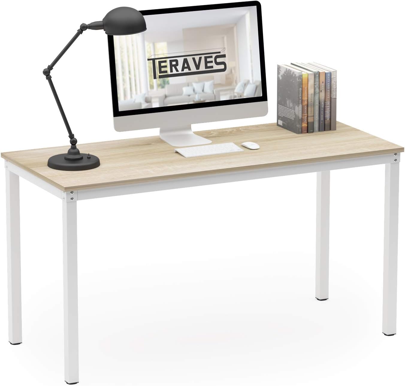 Teraves Computer Desk/Dining Table Office Desk Sturdy Writing Workstation for Home Office (39.37“, Beige + White Frame)
