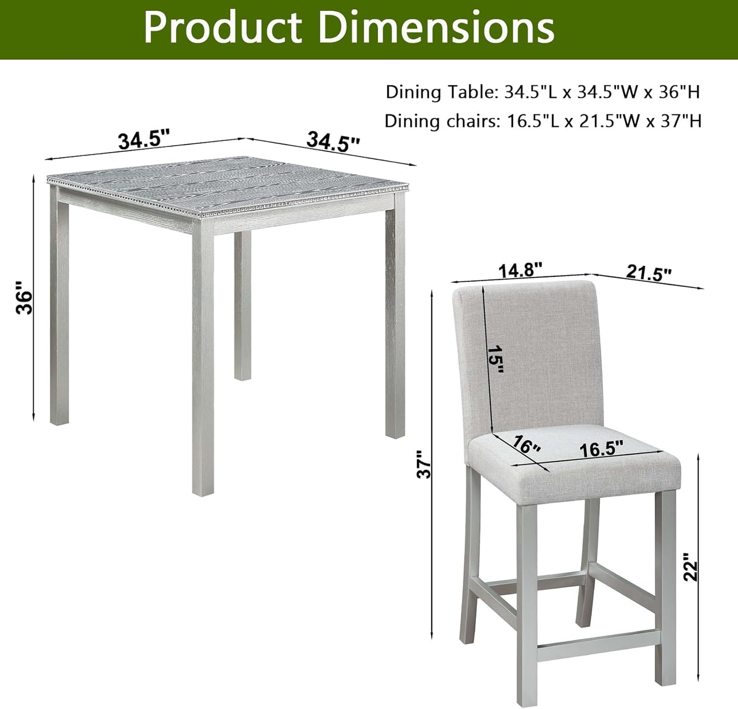KEIKI 5-Piece Counter Height Dining Table Set with Square Table and 4 Upholstered Chair, for 4 Person, Classic Crystal Decoration Wooden Table Set, Easy Assembly, for Kitchen, Dining Room, Silver Grey