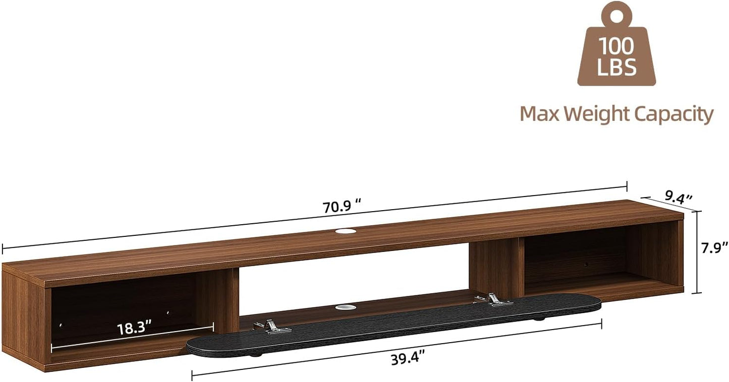 Floating TV Stand Wall Mounted 70'', Modern Media Console with 2 Open Cabinets and 1 Door,Wall Mount TV Console for Living Room Bedroom,Walnut and Black