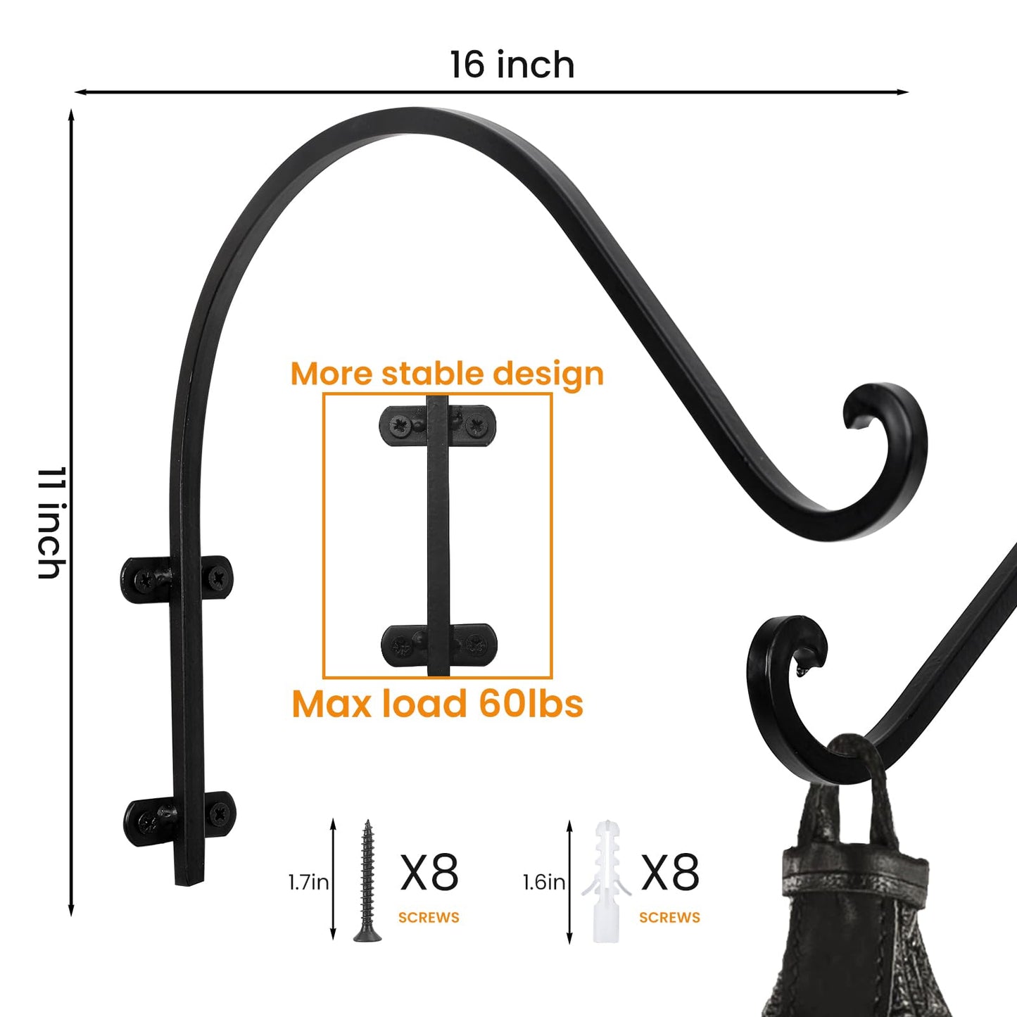 2 Pack Plant Hangers Outdoor, 16 Inch Hanging Basket for Plants Outdoor Brackets, Heavy Duty Plant Hanger Bracket with 80lbs Weight Capacity for Hanging Baskets,Bird Feeders,Lanterns and Wind Chimes