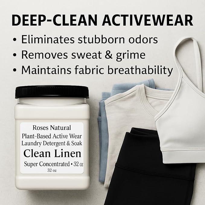 Active Wear Laundry Detergent & Soak – Plant-Based Sports Detergent for Gym Clothes, Leggings & Uniforms – Clean Linen Scent, Super Concentrated Powder
