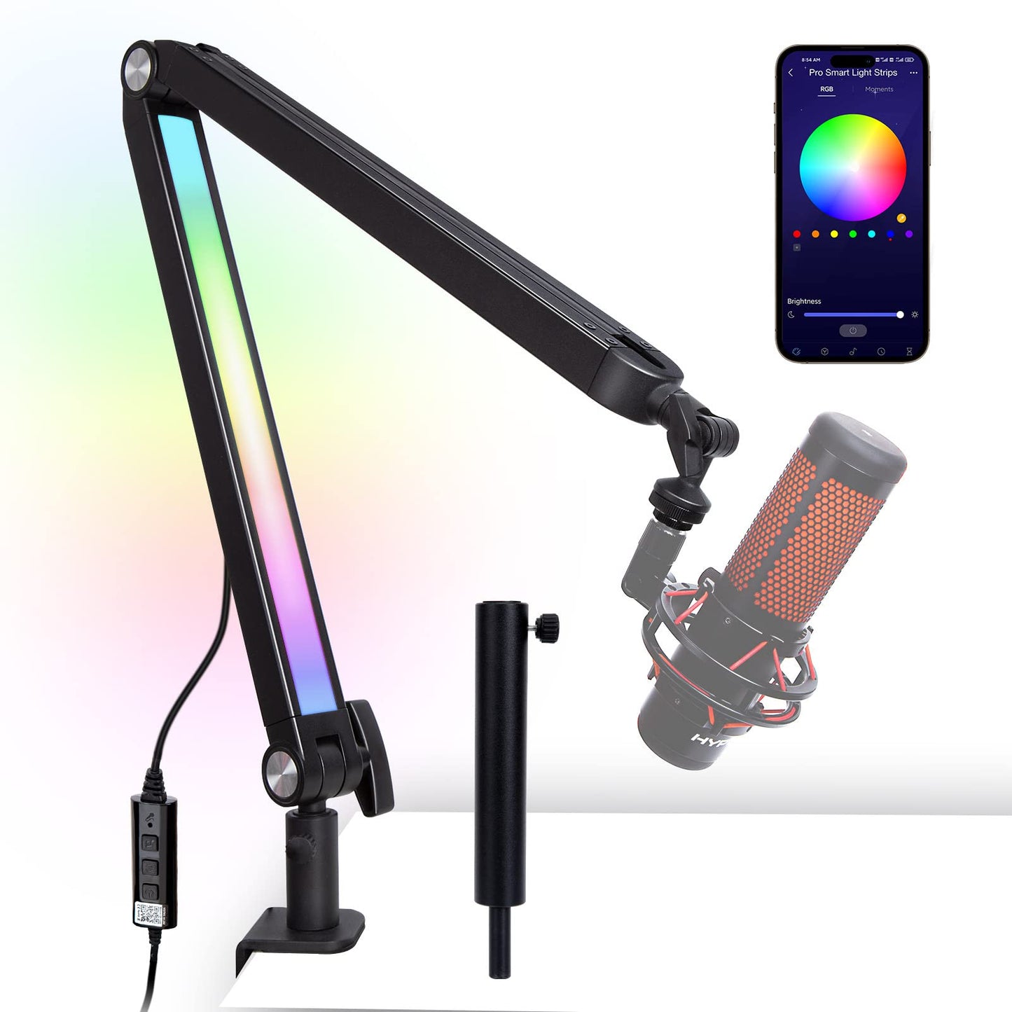 Boom Arm with RGB Light - Mic Arm for HyperX QuadCast, Blue Yeti, Shure SM7B, Rode and Most Gaming Mic, Height adjustable Mic Bo