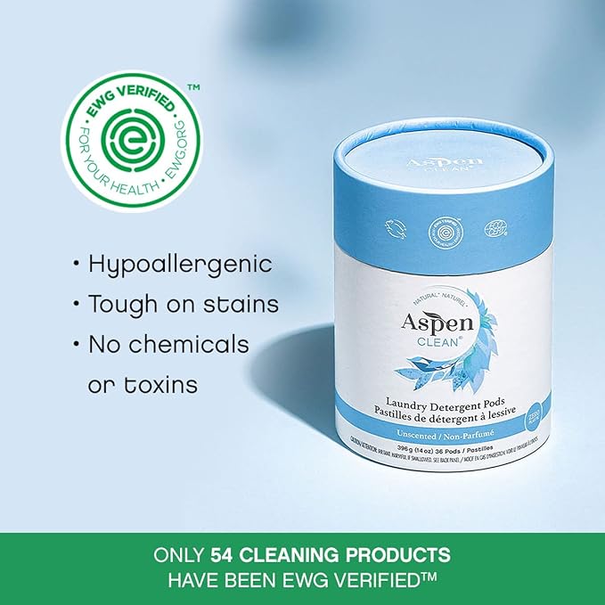 Unscented Laundry Pods by AspenClean, New and Improved Packaging, Zero Plastic, EWG Verified™, Vegan, Non-Bio, Hypoallergenic Natural Laundry Detergent - 36 Count