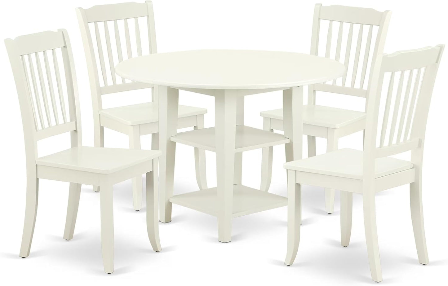 East West Furniture SUDA5-LWH-W 5 Piece Dining Room Furniture Set Includes a Round Kitchen Table with Dropleaf & Shelves and 4 Dining Chairs, 42x42 Inch, Linen White