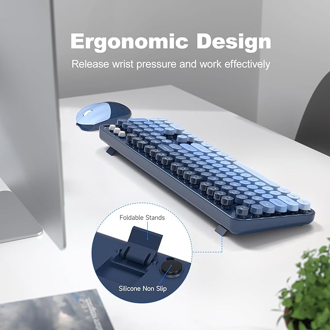 Wireless Keyboard Mouse Combo, Retro Typewriter Full-Size Keyboard with Round Keycaps, 2 in 1 USB Connected Mouse for Windows PC, Laptop, Computer, Desktop, Home and Office Use