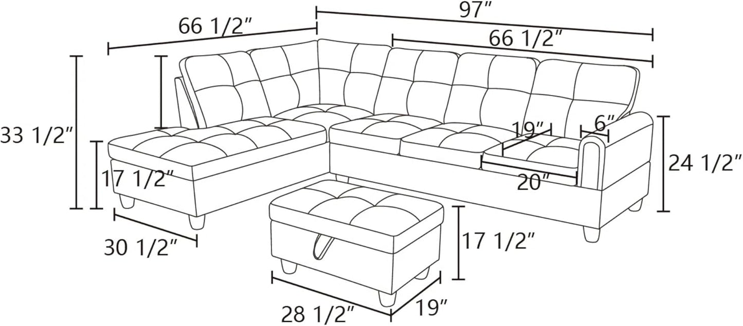 L-Shaped Sectional Sofa with Ottoman, Right-Facing Leather Modern Couch with Cup Holder for Living Room, Bedroom, Office, Persistent Pink