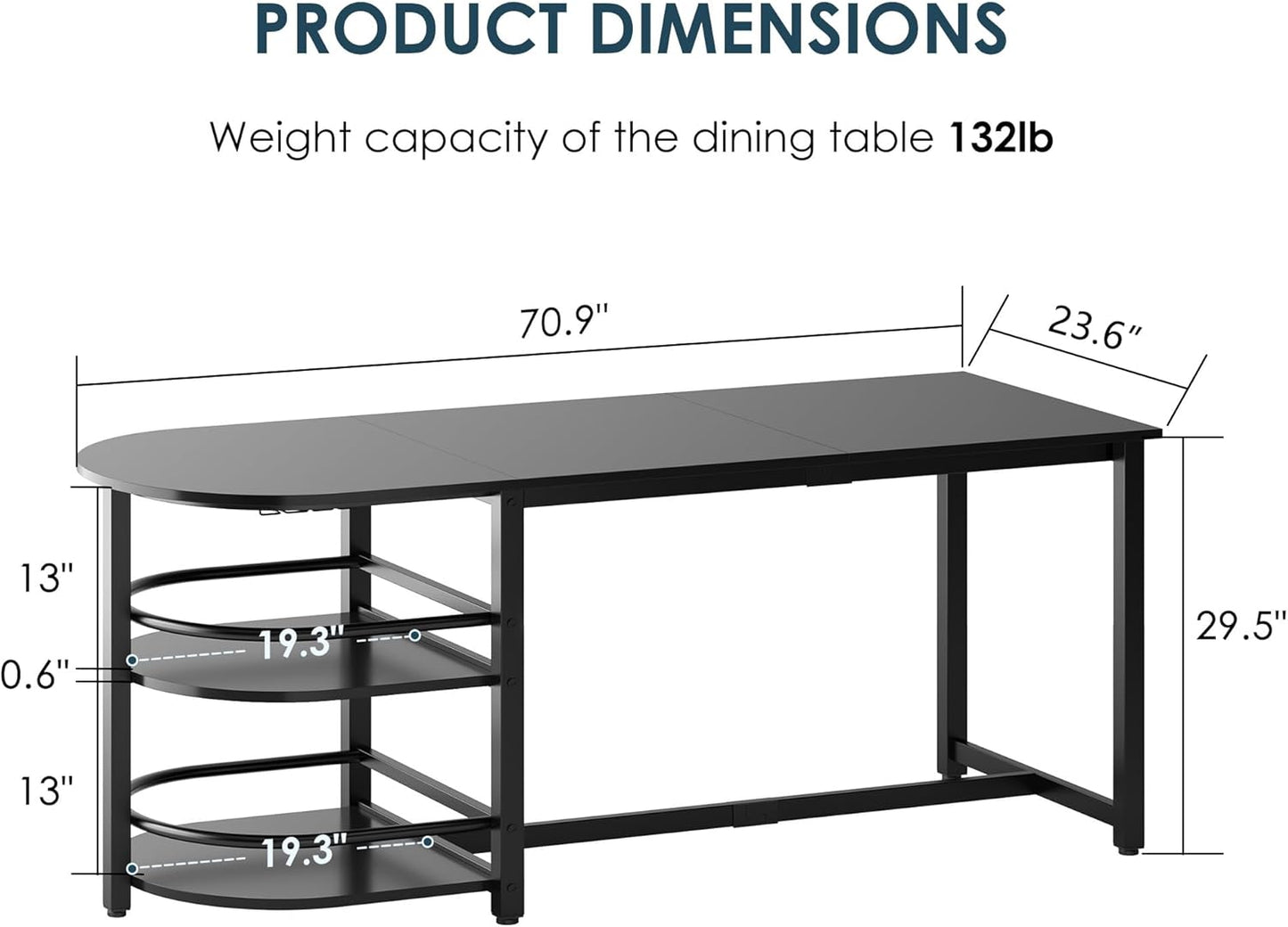 soges Dining Table for 4-6 Person, 71 inch Long Kitchen Dining Table for Living Room and Dining Room, Dinner Table with Storage Shelf & Cup Holder, Metal Legs(Only Table), Black