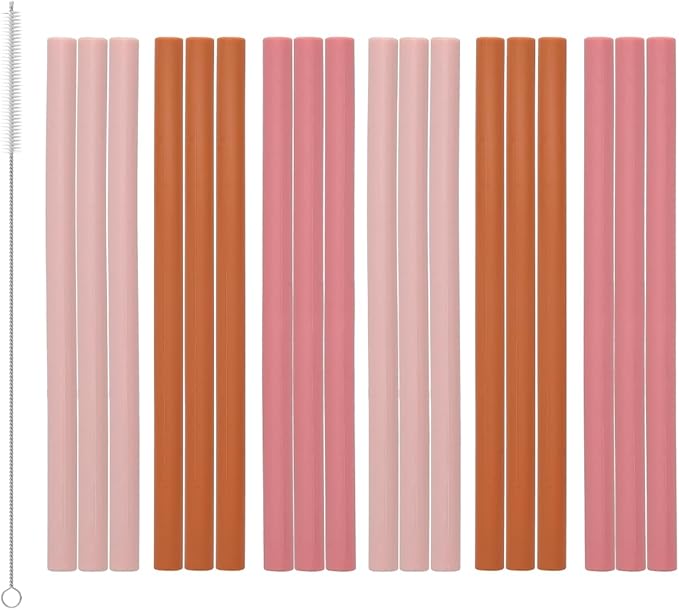 Silicone Straws Reusable – 18 Pack Extra Long Food Grade Rubber Straw with Cleaning Brush, Soft Flexible Silicone Reusable Straws for Smoothies, Coffee & 20oz 30oz Tumblers (Pink)