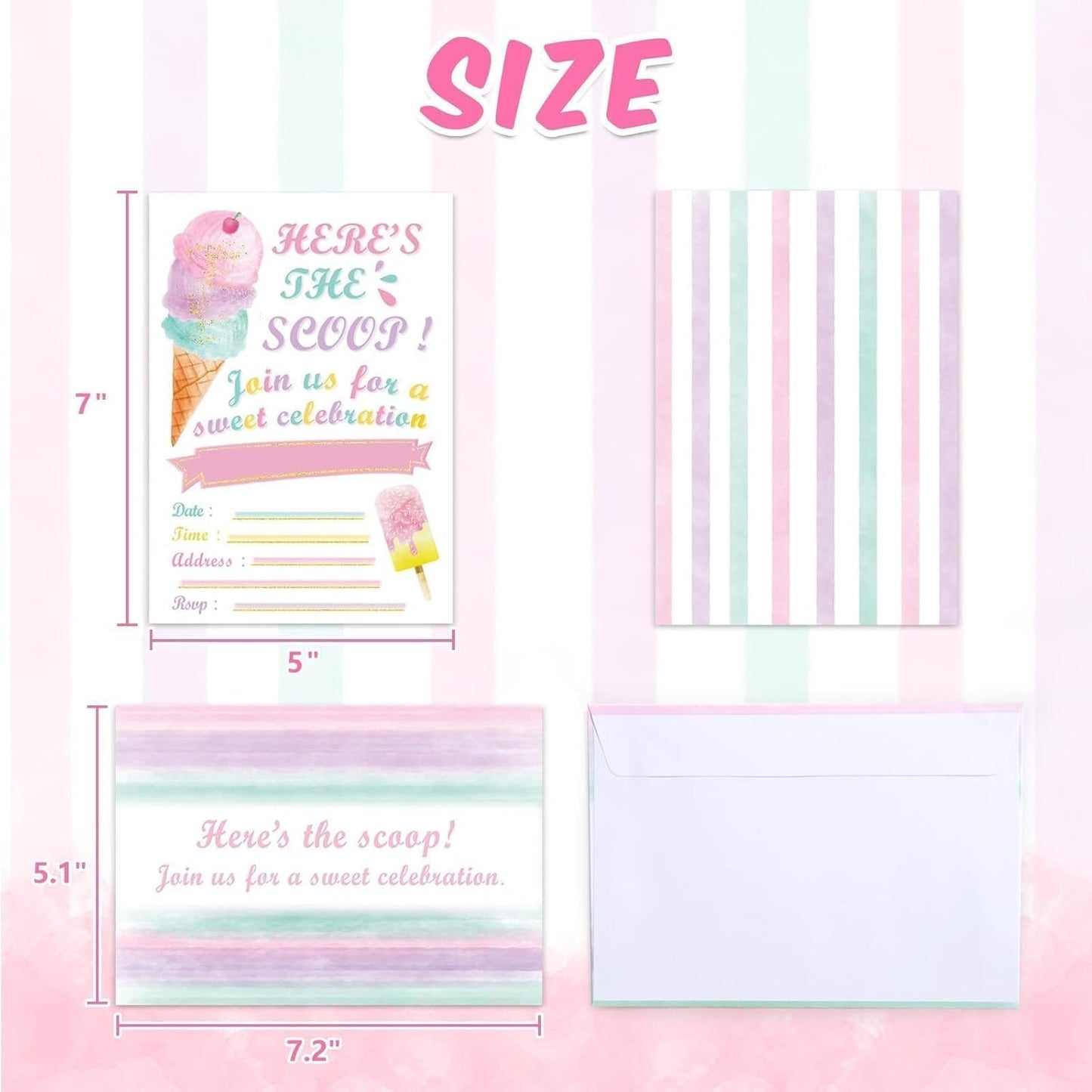 WERNNSAI Ice Cream Party Invitations with Envelopes -20 Sets Pink Ice Cream Birthday Invitations for Girls Sweet Popsicle Fill in Invite Cards for Baby Shower Wedding Party Supplies