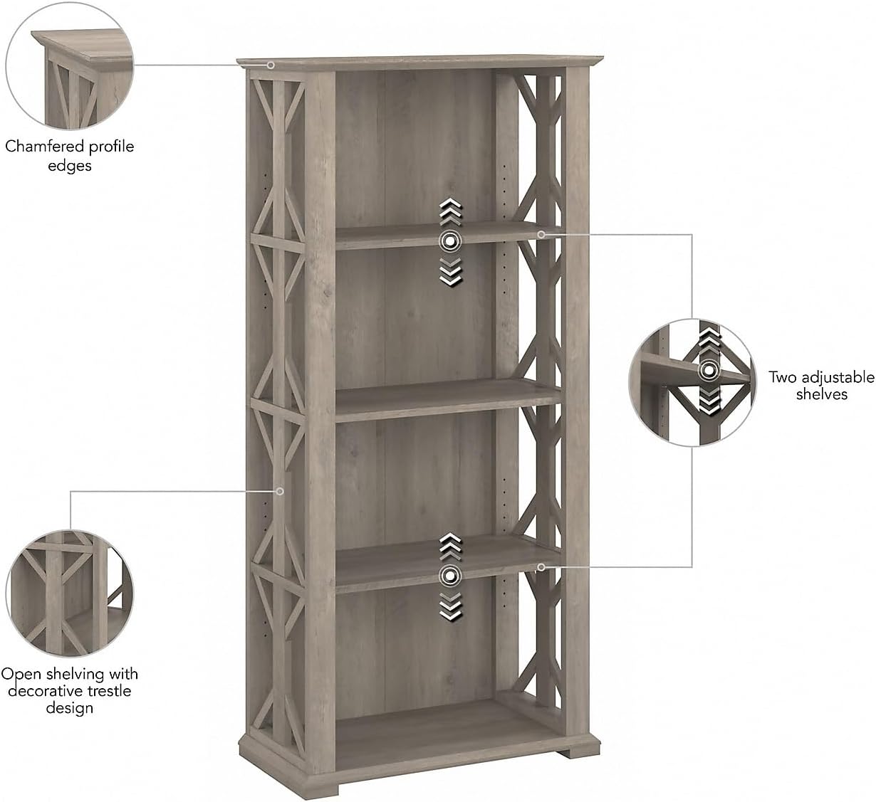 Bush Furniture Homestead 4 Shelf Farmhouse Bookcase in Driftwood Gray, Vertical Office Organizer, Home Shelving Unit for Books and Decor, Bookshelf