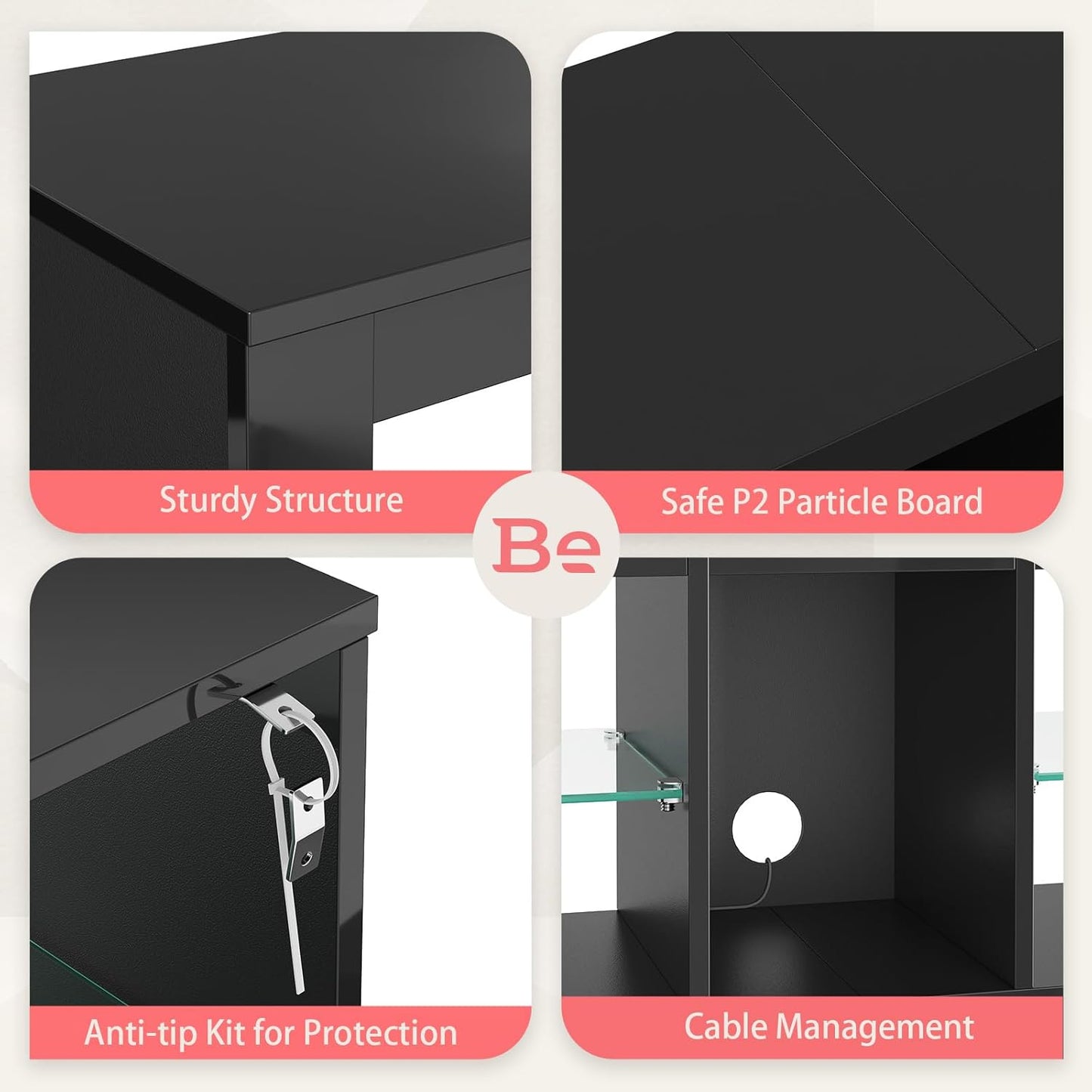 Bestier Modern TV Stand for 65 inch TV with LED Lights, High Gloss Entertainment Console Table with Storage Shelves for Living Room in Glossy Black