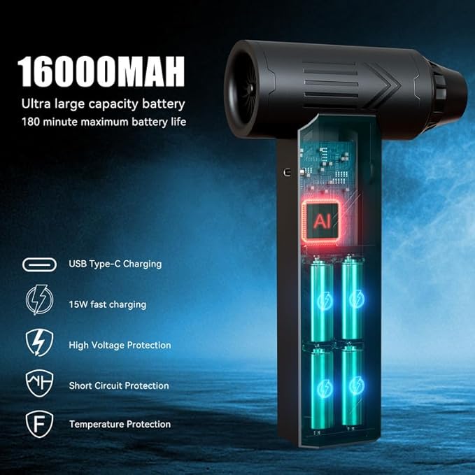 Compressed Air Duster 480000RPM Electric Air Duster Variable Speed 580G 4 Gear Adjustable Rechargeable Cordless Jet Dry Blower Turbo Fan Dryer Cleaning Air Blower Mini Car Vacuum Cleaner Carbon Black