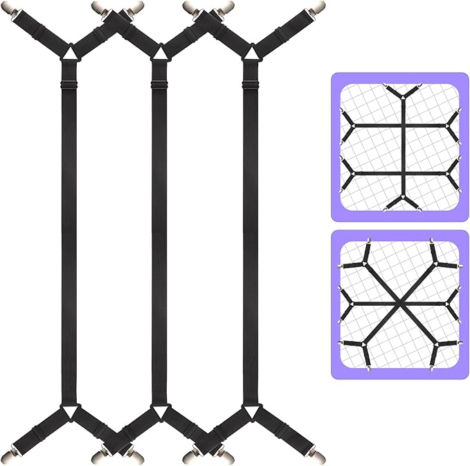 Bed Sheet Straps,3 PCS Secure and Sheet Holder Straps for Full Size Beds,Adjustable Crisscross Fitted Sheet Clips,Black