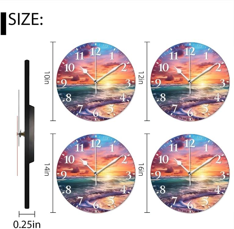 Beach Wall Clock Non-Ticking Silent Clocks Battery Operated Analog Decor Clock for Home-Beautiful Beach Sunset with Colorful Clouds and Waves(14inch)