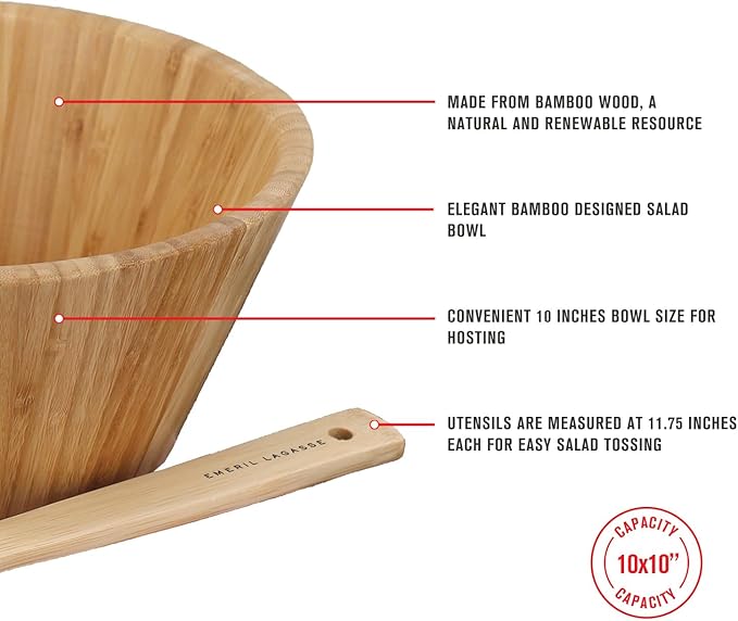 Emeril Lagasse 3-Piece Bamboo Salad Bowl Set with Utensils, 10-Inch Bowl, Eco-Friendly and Durable