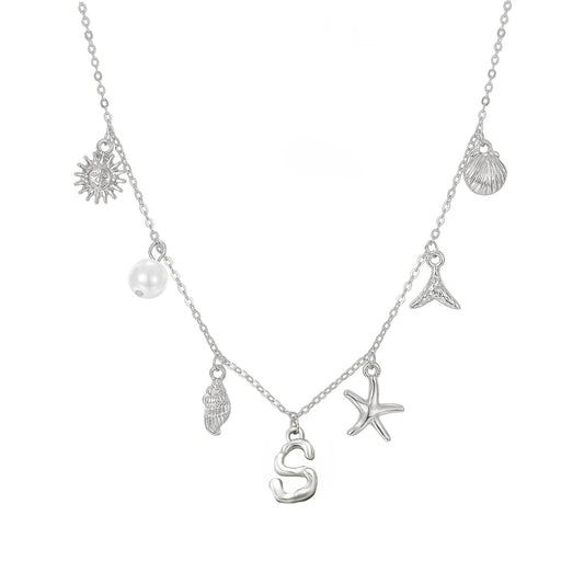 JALZEMPL Initial Charm Necklace For Women Seashell Shell Letter Boho Summer Beach Starfish 14k Gold Plated Silver Pendant Surfer Jewelry Gifts (S,Silver)