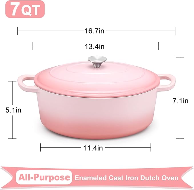 E-far 7QT Oval Dutch Oven Pot with Lid, Enameled Cast Iron Dutch Oven with Dual Handles, Heavy-Duty Cookware for Sourdough Bread Baking, Braising, Stews, Oven Safe & Easy Clean, Pink