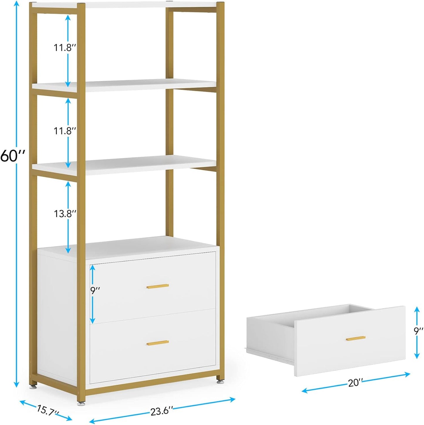 Tribesigns Bookcase, 4-Tier Bookshelf with 2 Drawers, Etagere Standard Book Shelves Display Shelf for Home Office (Gold/White)