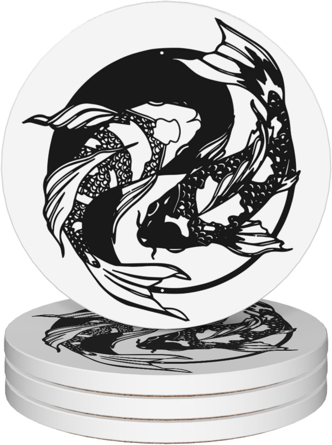 Drinks Coasters Set of 4, Yin Yang Fish Round 4" Cup Coasters, Absorbent Ceramic Stone Coasters with Cork Base, Cute Coasters for Table Home Décor, Ideal Gifts for Women Men