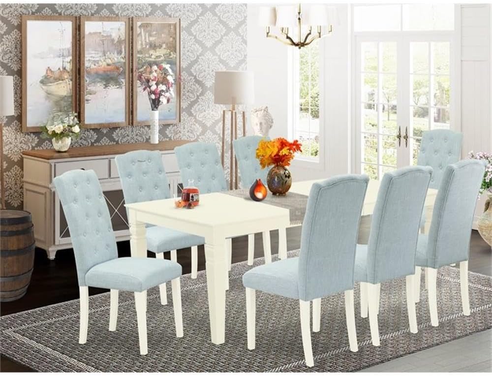 East West Furniture LGCE9-LWH-15 9 Piece Dining Room Table Set Includes a Rectangle Kitchen Table with Butterfly Leaf and 8 Baby Blue Linen Fabric Parsons Chairs, 42x84 Inch, Linen White