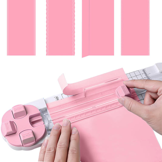 Paper Cutter,4-in-1 Paper Trimmer,Photo Cutter,Multi-Function Scrapbooking Tool with Dial Blades of Straight,Wave,Perforated,Creasing for Cutting Paper,Coupons,Postcards,Card (Pink)