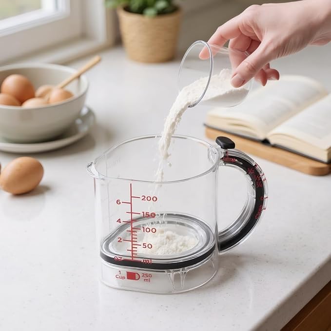 4-in-1 Adjustable Measuring Cup with Scraper Lid & Push-Up Base, Multi-function 1 Tbsp to 1 Cup Kitchen Tool for Sticky Ingredients, Baking & Cooking, Space Saving Design (Size Options) (1)