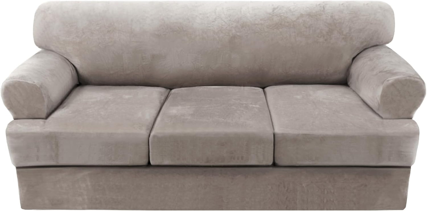 H.VERSAILTEX Sofa Cover 4 Piece T Cushion Sofa Slipcovers Thick Velvet Couch Cover Furniture Protector Stretch Sofa Covers for 3 Cushion Couch with 3 Individual T Cushion Covers Washable, Taupe