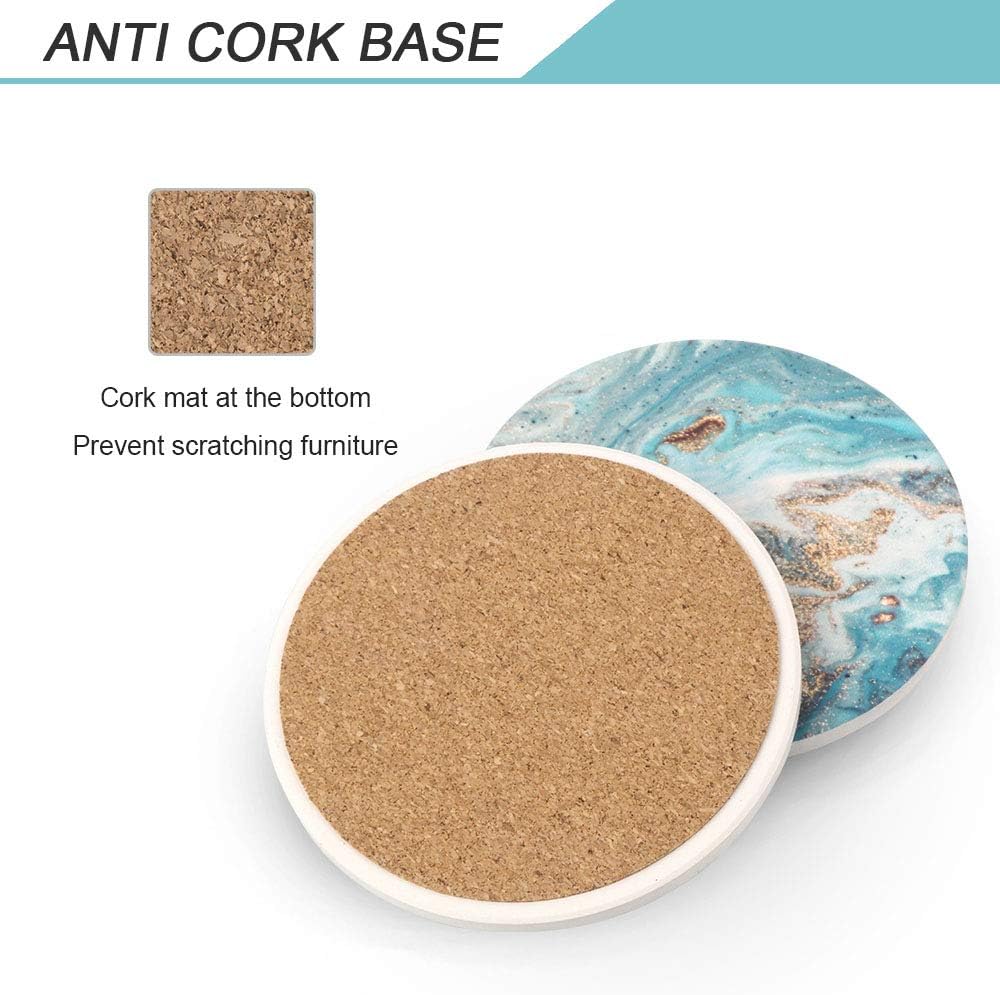 Lahome Marble Style Coasters - Round Drinks Absorbent Stone Coaster Set with Ceramic Stone and Cork Base for Kinds of Mugs and Cups (Blue, 4)