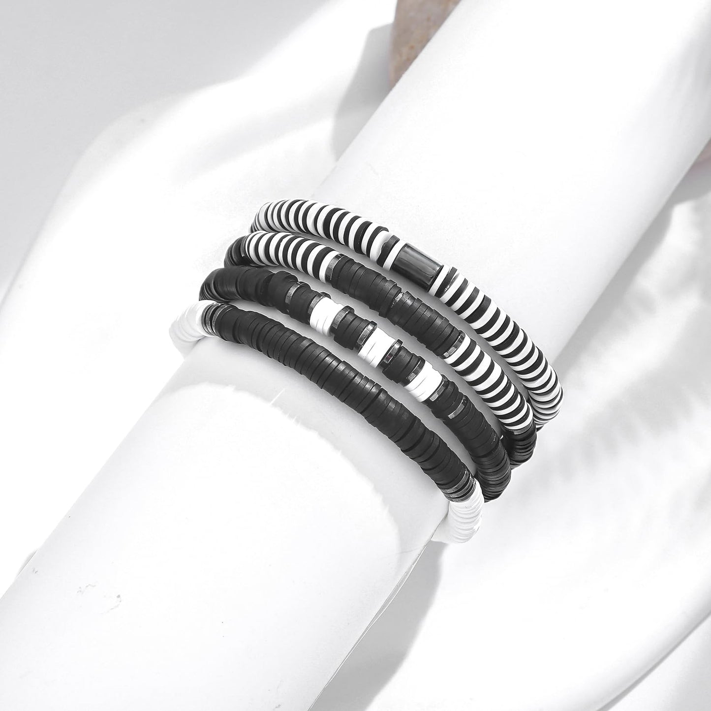 GOOJIDS Black Surfer Heishi Clay Bead Bracelets for Women Bohemian Stackable Gold Beaded Stretch Bracelets Elastic Layering Friendship Bracelets Set Boho Jewelry