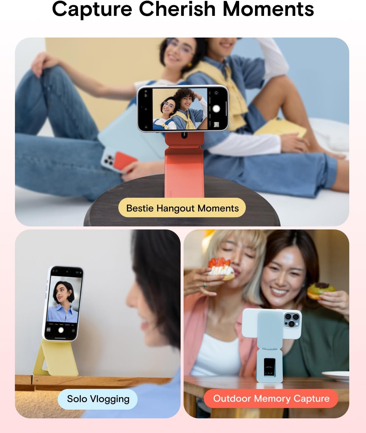 MOFT Phone Tripod Stand Selfie Stick for iPhone, Multi-Angles iPhone Stand, Lightweight & Portable Phone Holder, Strong Magnets, MOVAS Vegan Leather, Travel Essentials, Sunset (Without Card Slot)