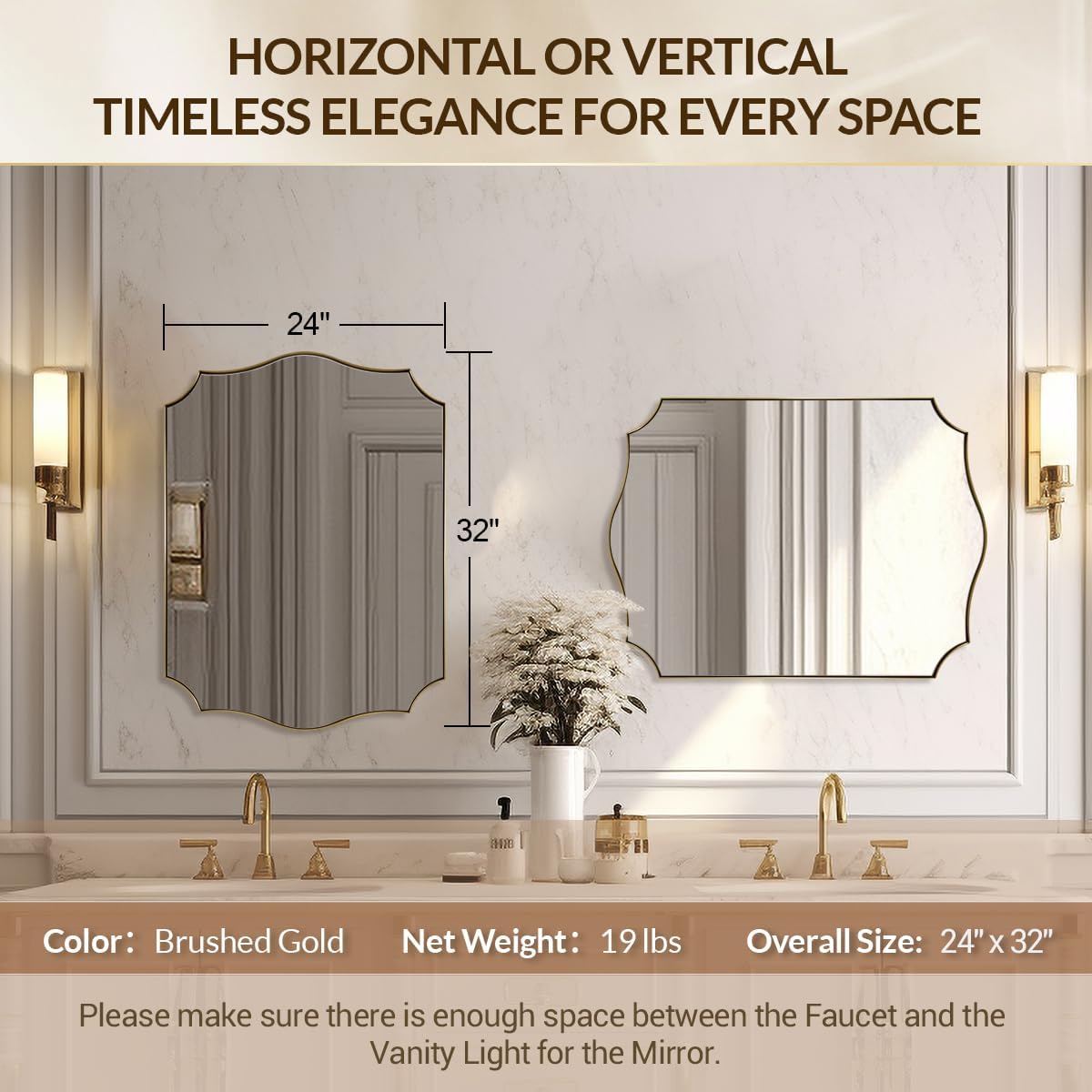 24x32 Gold Mirror, Brushed Gold Scalloped Mirror for Bathroom in Premium Stainless Steel Metal Thin Frame Deep 1", Antique Brass Irregular Wall Mirror Hangs Horizontal or Vertical