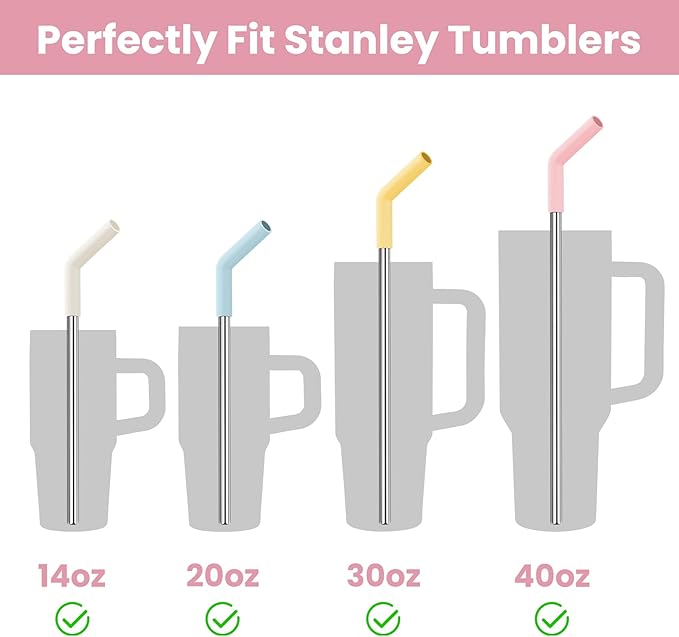 Tomorotec 6-Pack Reusable Stainless-Steel Straws with Silicone Tips, 3 Sizes Compatible with Stanley Tumblers 40OZ 30OZ 20OZ 14OZ, Dishwasher Safe, Includes 2 Cleaning Brushes (Candy Land)
