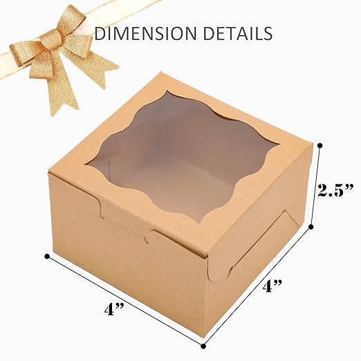 Bakepacker Kraft Bakery Boxes with Window - 4x4x2.5 inches Small Size Pastry & Mini Cookie Boxes for Bakeries - Thick & Sturdy (100 Packs)