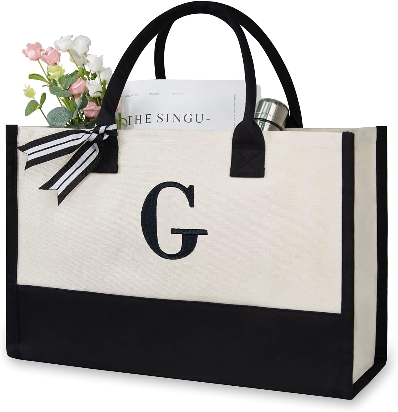 TOPDesign Embroidery Initial Canvas Tote Bag, Personalized Present Bag, Suitable for Wedding, Birthday, Beach, Holiday, is a Great Gift for Women, Mom, Teachers, Friends, Bridesmaids (Letter G)