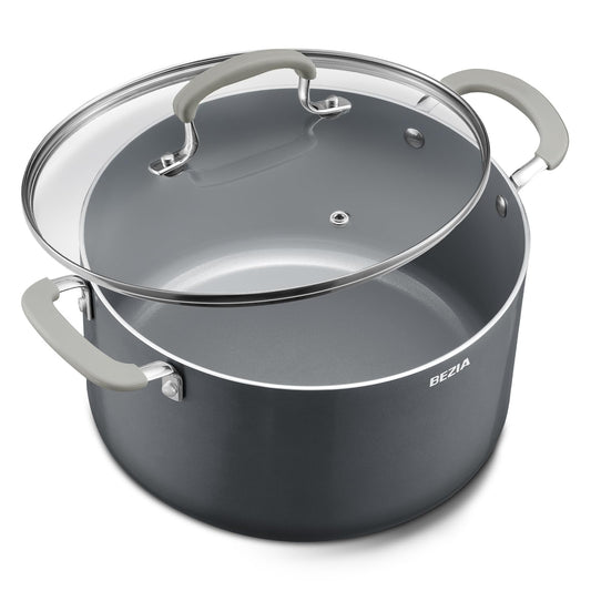 6 Quart Nonstick Stock Pot with Lid - BEZIA Ceramic Soup Pot for Small Families, Induction Cooking Pot with Stay-Cool Silicone Handles, Easy Cleanup, Perfect for Side Dishes, Daily Meals & Camping