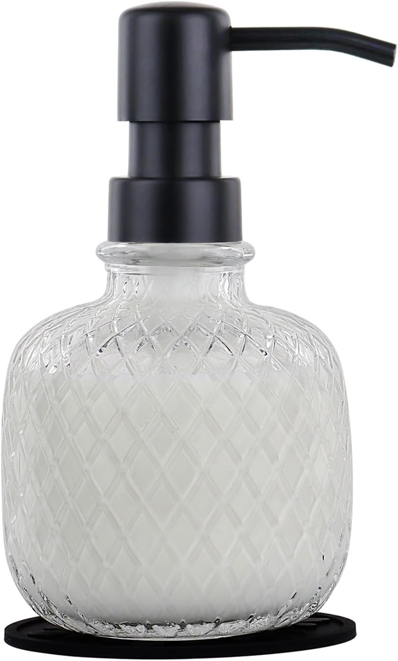 Soap Dispensers with Silicone Mat, for Kitchen and Bathroom Contertop Wash Hand Liquid, Dish Detergent, Farmhouse Style Shampoo Lotion Pump (1, Clear Glass with Black, 3-1/2" x 3-1/2" x 6-1/4")