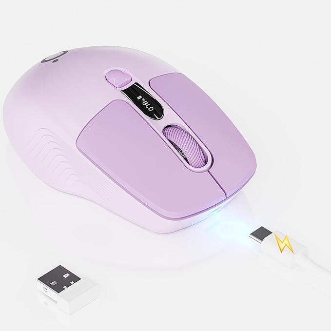 EWEADN Q1 Wireless Mouse, BT & 2.4G Silent Mouse Quiet Click with 1600 DPI Levels, Battery & DPI LED Screen Display, 6 Button Small Portable Bluetooth Mouse for Laptop/PC/Mac-Purple