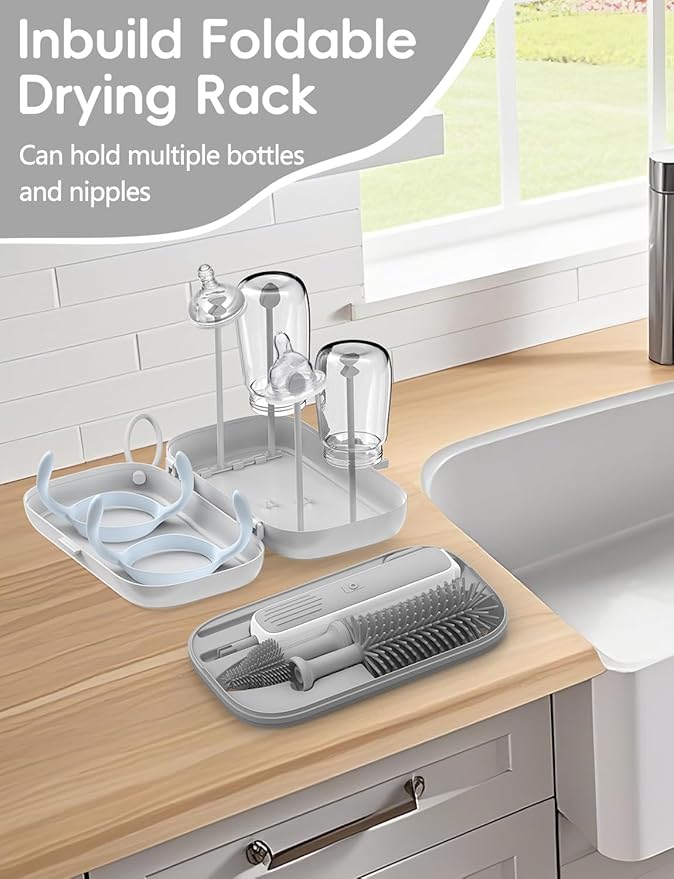 Electric Bottle Brush Cleaner, Baby Bottle Brush Travel Set, 360° Efficient Cleaning, 2000 mAh Battery, Travel Bottle Brush Set with Drainage Rack and Storage Box, Baby Travel Essential Grey