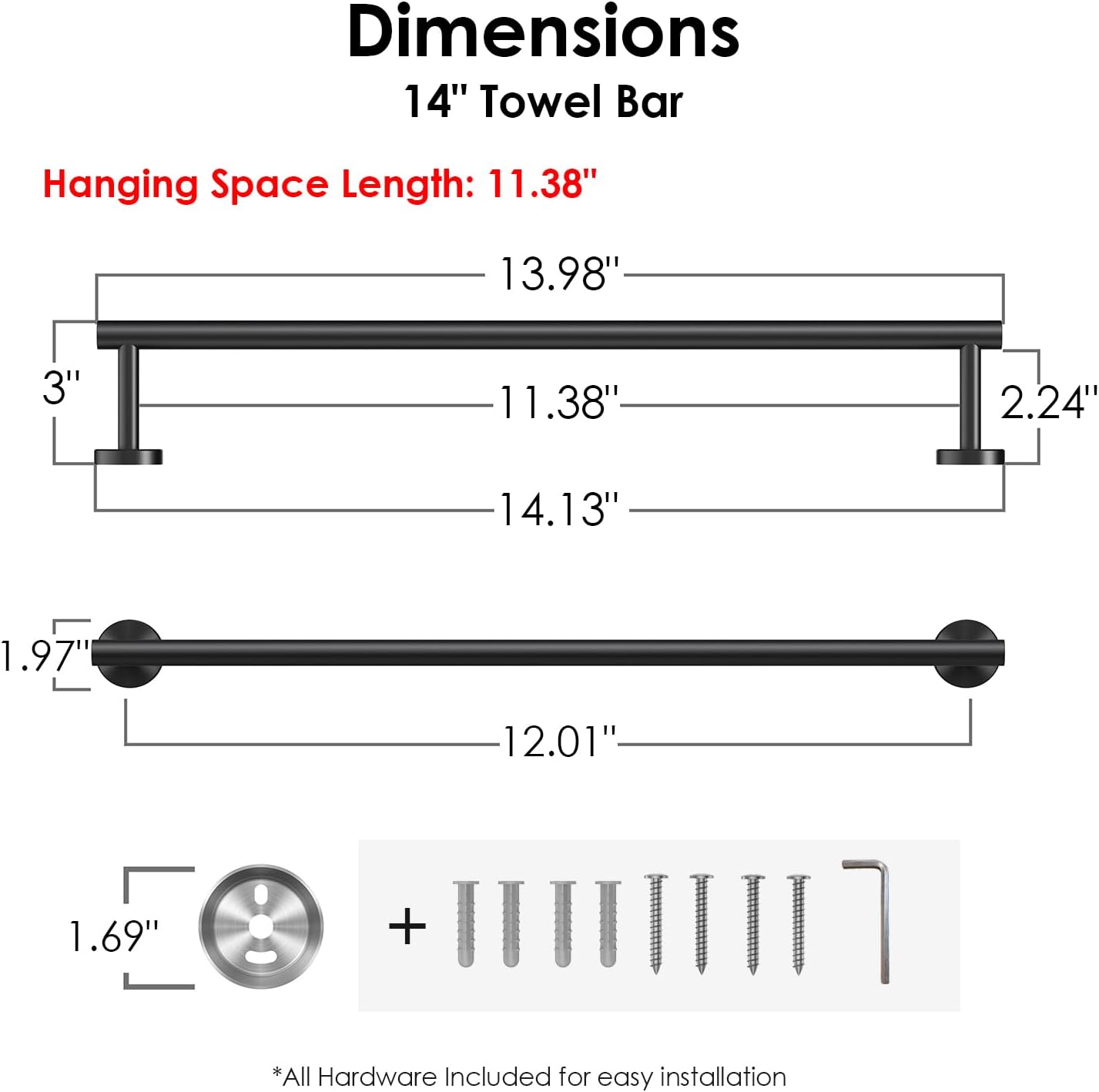 FORIOUS Towel Bar Wall Mounted, Stainless Steel Towel Racks for Bathroom, Includes Wall Mounting Hardware (Matte Black, 14 Inch)