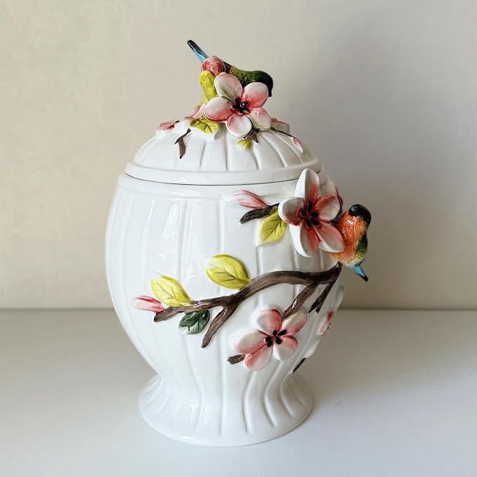 Ceramic Food Storage Containers with Lids, 3D Hand-painted Magnolia Flower and Bird for Home Kitchen Countertop Decorative Collection Jars