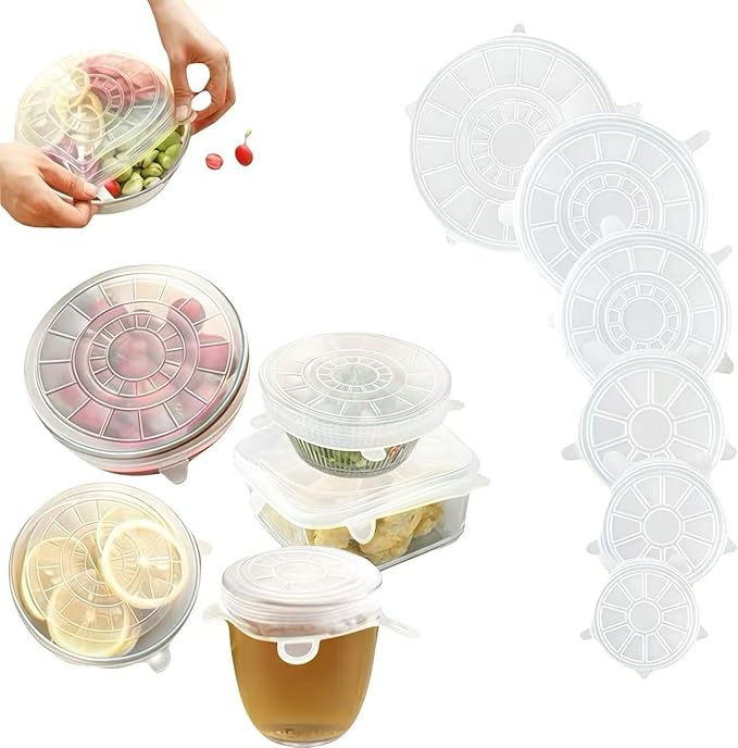 6 sizes Silicone Stretch Lids and Seal Lids,Reusable Elastic Heat-Resistant Bowl Covers,Used for food storage,for cups,bowls jars,for ound & Rectangle Container (6-Piece Set）