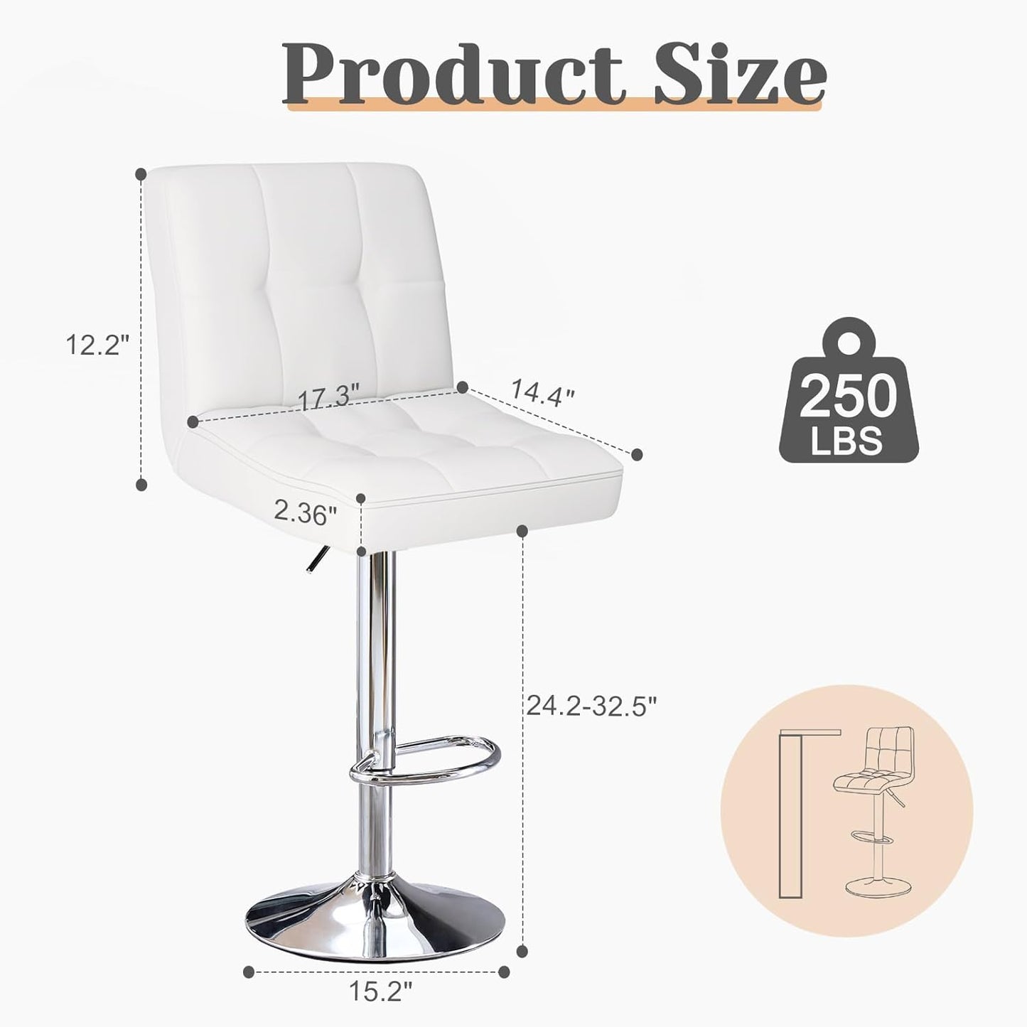 Sweetcrispy Bar Stools Set of 2, Armless PU Leather Adjustable Swivel Barstools, Hydraulic Kitchen Counter Height Thickened Seat Cushion Square Island Countertop Chairs with Back - White