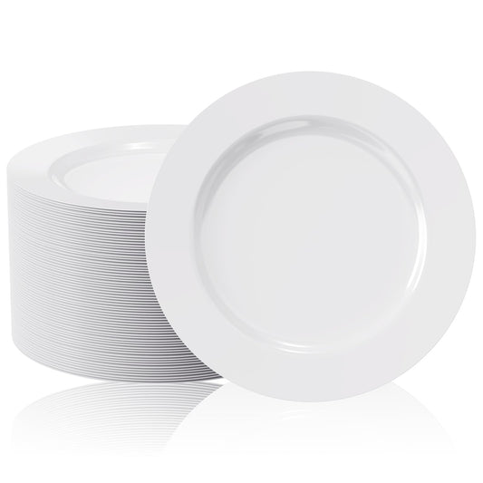 FOCUSLINE 100 Count White Plastic Plates 10 Inch, Disposable Heavy Duty Dinner Plates- Premium Hard Plastic Plates Fancy Disposable White Plates for Weddings, Parties and Events