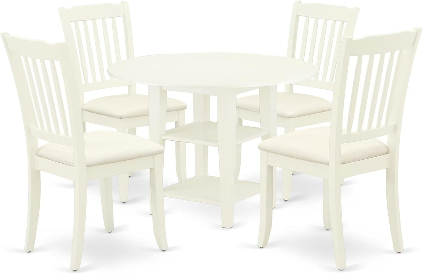East West Furniture SUDA5-LWH-C 5 Piece Kitchen Table Set for 4 Includes a Round Dining Room Table with Dropleaf & Shelves and 4 Linen Fabric Upholstered Chairs, 42x42 Inch, Linen White