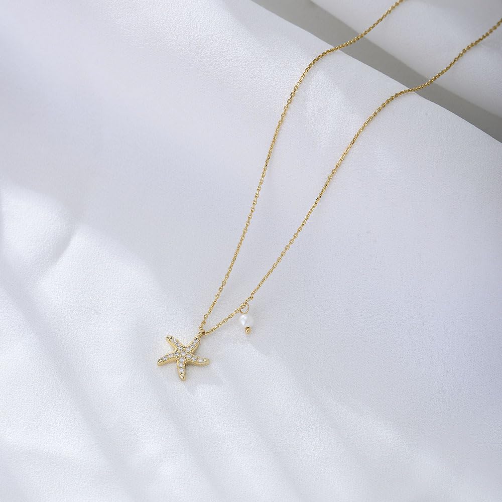 S925 Sterling Silver Starfish Necklace with Fresh Water Pearl, Sparkling Pave Zirconia Sea Star Pendant, Dainty 14K Gold Plated Asymmetric Choker, Ocean Beach Inspired Jewelry Gift for Women (sliver)