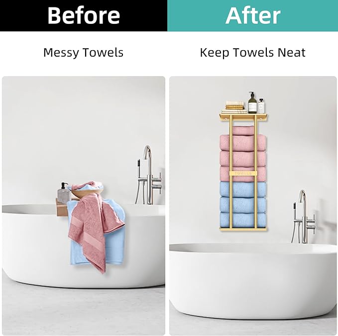 Bathroom Towel Storage Rack for Bathroom, 30 inch Towel Racks Wall Mounted with Shelf Can Holds 6 Large Towels, Wall Towel Rack for Rolled Towels, Gold