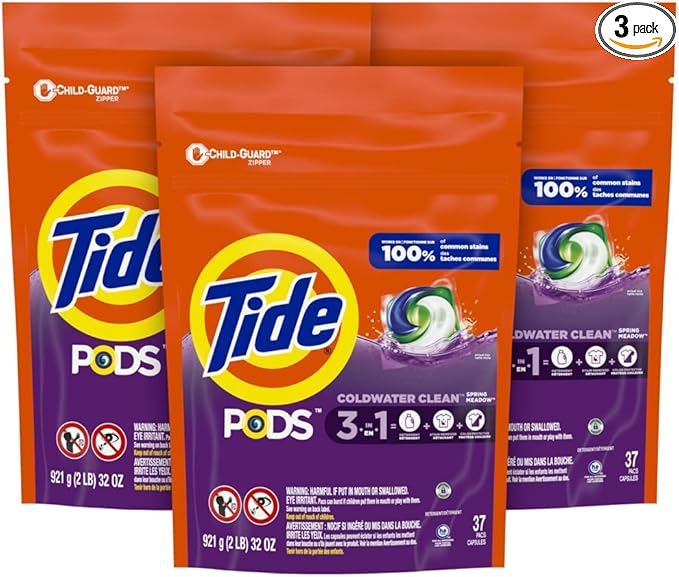 Tide PODS Laundry Detergent Soap Pods, Spring Meadow, 37 Count (Pack of 3 Bag Value Pack), Total 111 Count, HE Compatible