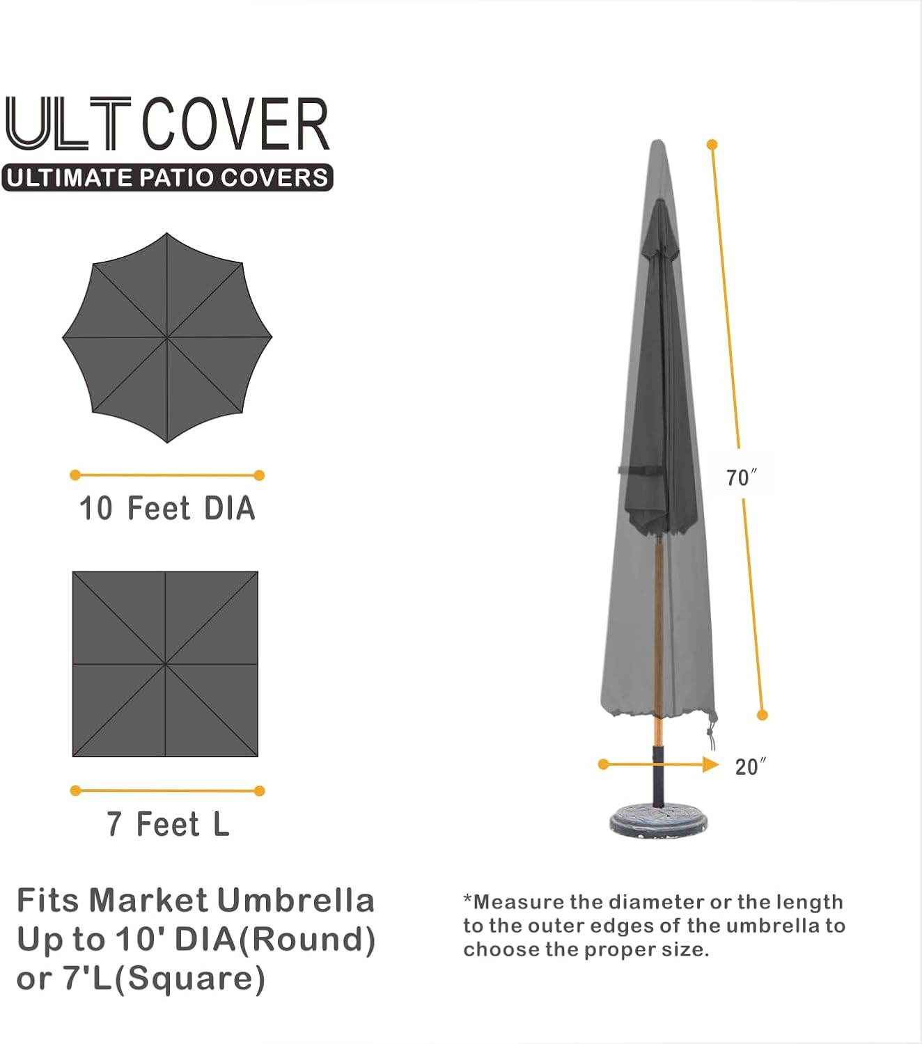 ULTCOVER Patio Parasol 600D Waterproof Outdoor Market Umbrella Cover - Fits Market Umbrella 7-10 Feet, Black
